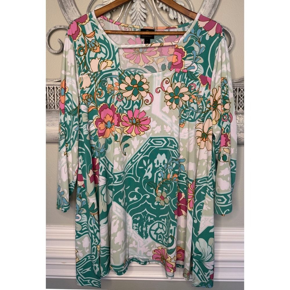 JM Collection Womens 3X Teal Pink Floral Medallion 3/4 Sleeve Square Neck Top